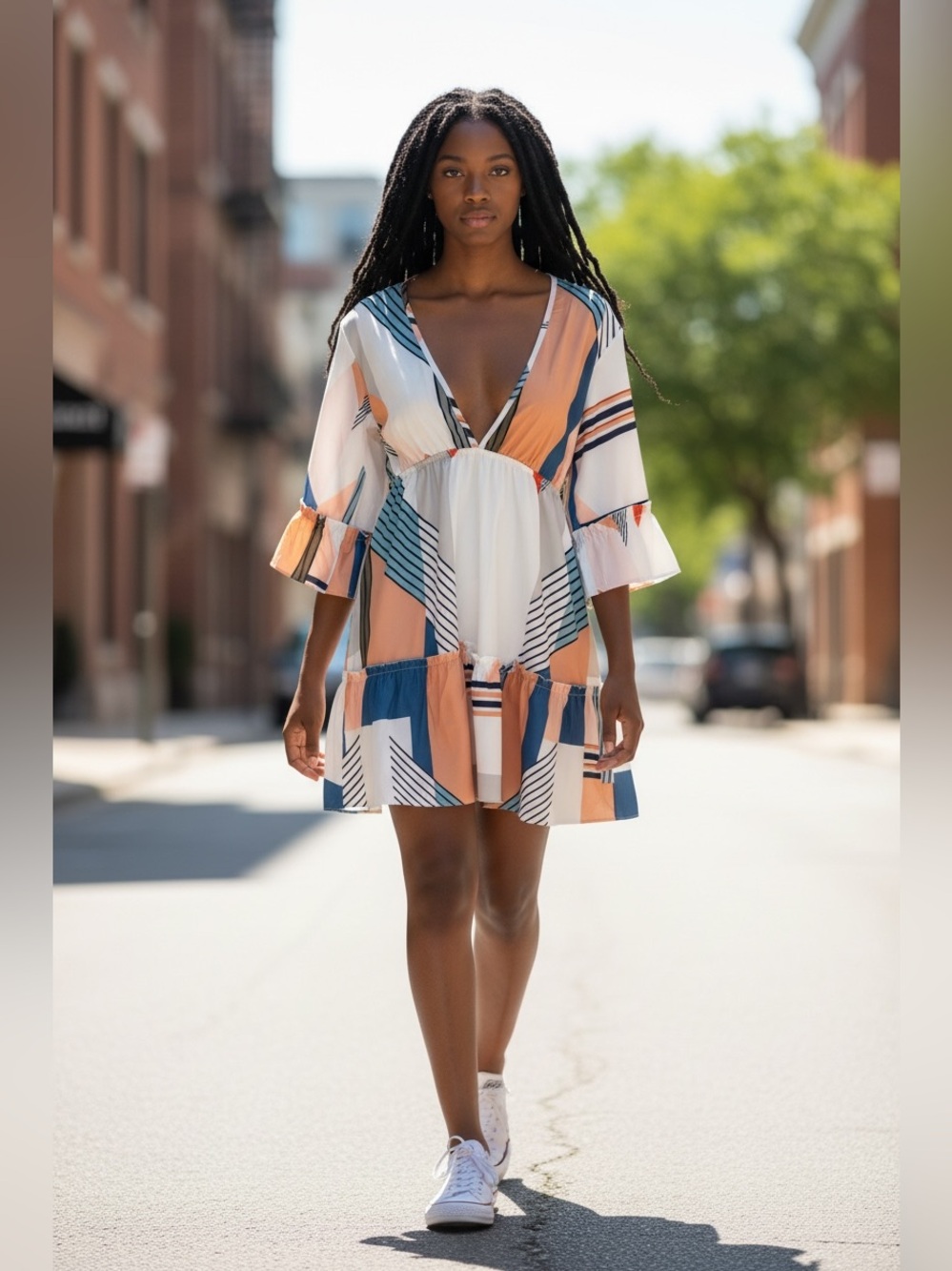 NWT Aimage Abstract geometric bell sleeve mini dress size Medium